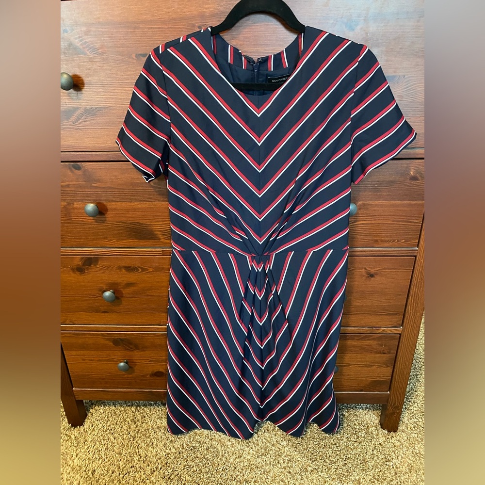 Banana Republic Navy and Red/White Chevron Midi Dress